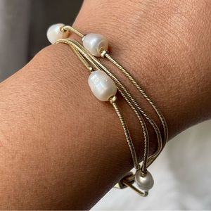 Freshwater Pearls | Four Strand Gold Round Snake Chain Bracelet Magnetic Closure